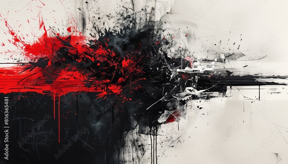 triking black and white abstract composition with bold splashes of crimson red for an edgy, avant-garde art show triking black and white abstract composition with bold splashes of crimson red for an edgy, avant-garde art show