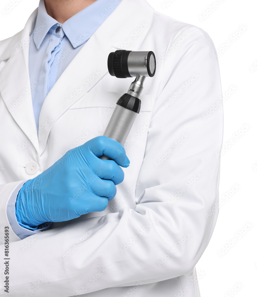 Dermatologist with dermatoscope isolated on white, closeup Dermatologist with dermatoscope isolated on white, closeup