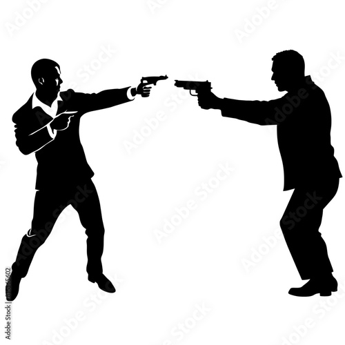 a man engaged in a street fight against an aggressor armed with a pistol vector silhouette black color