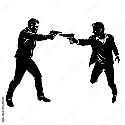 a man engaged in a street fight against an aggressor armed with a pistol vector silhouette black color