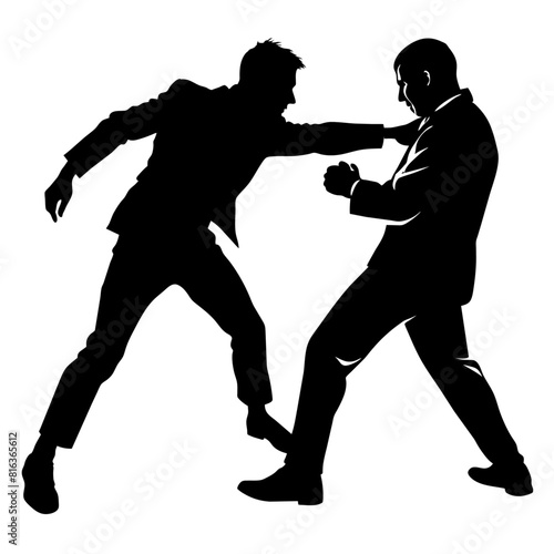 a man engaged in a street fight against an aggressor armed with a pistol vector silhouette black color