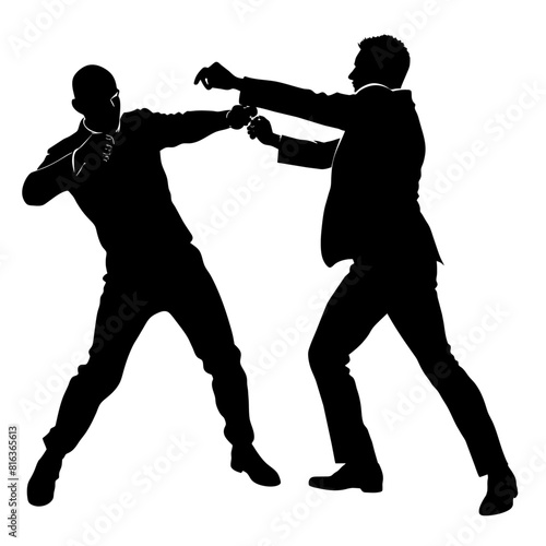 a man engaged in a street fight against an aggressor armed with a pistol vector silhouette black color