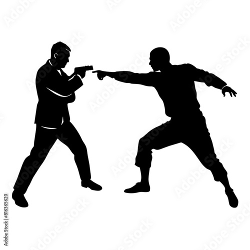 a man engaged in a street fight against an aggressor armed with a pistol vector silhouette black color