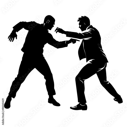a man engaged in a street fight against an aggressor armed with a pistol vector silhouette black color