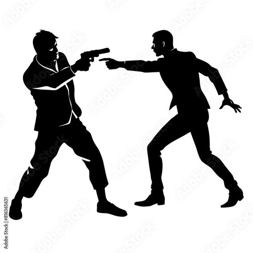 a man engaged in a street fight against an aggressor armed with a pistol vector silhouette black color