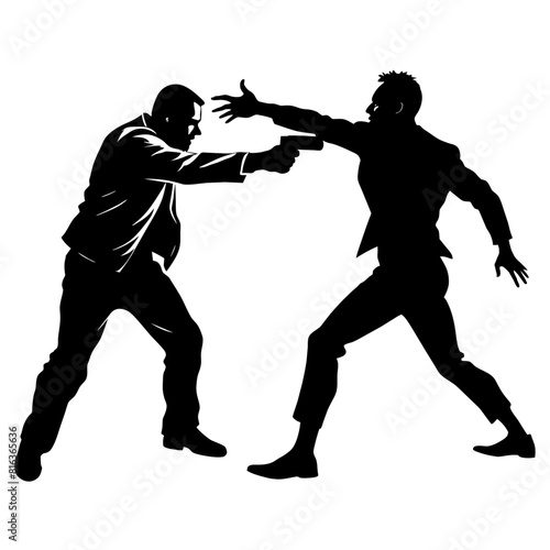 a man engaged in a street fight against an aggressor armed with a pistol vector silhouette black color