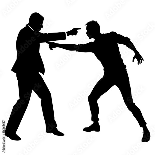 a man engaged in a street fight against an aggressor armed with a pistol vector silhouette black color
