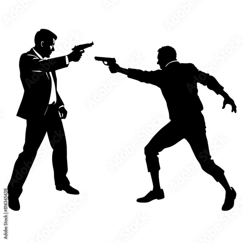 a man engaged in a street fight against an aggressor armed with a pistol vector silhouette black color