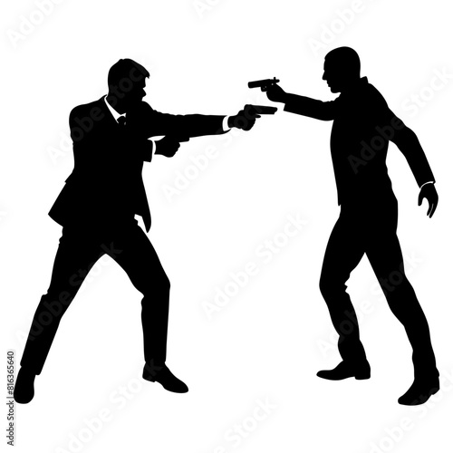 a man engaged in a street fight against an aggressor armed with a pistol vector silhouette black color