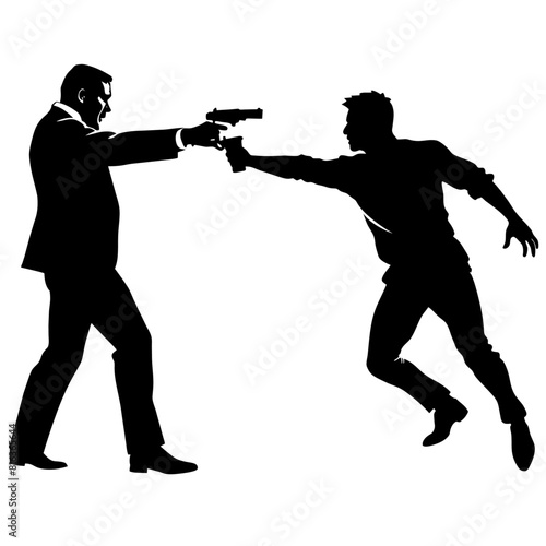 a man engaged in a street fight against an aggressor armed with a pistol vector silhouette black color