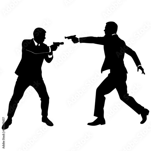 a man engaged in a street fight against an aggressor armed with a pistol vector silhouette black color