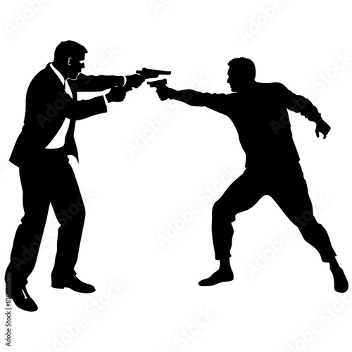 a man engaged in a street fight against an aggressor armed with a pistol vector silhouette black color