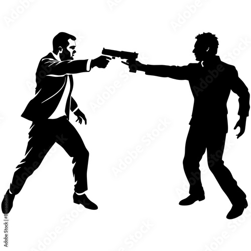 a man engaged in a street fight against an aggressor armed with a pistol vector silhouette black color