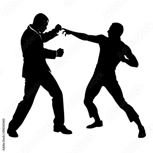 a man engaged in a street fight against an aggressor armed with a pistol vector silhouette black color