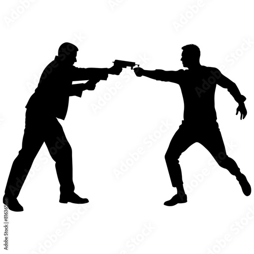 a man engaged in a street fight against an aggressor armed with a pistol vector silhouette black color