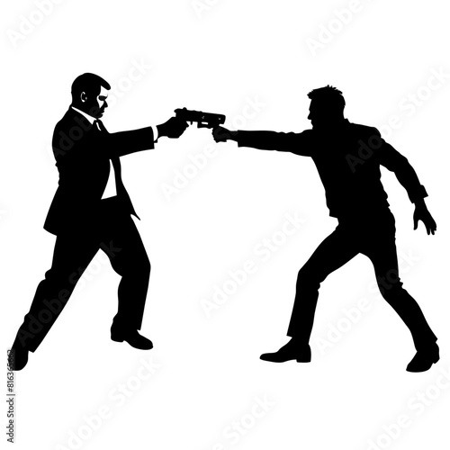 a man engaged in a street fight against an aggressor armed with a pistol vector silhouette black color
