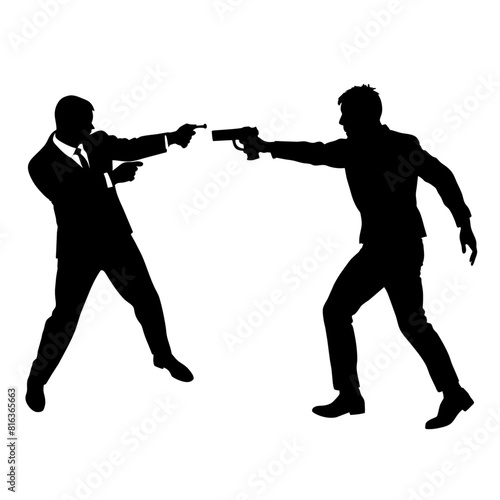a man engaged in a street fight against an aggressor armed with a pistol vector silhouette black color