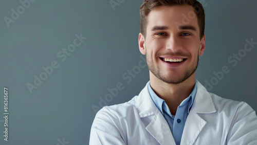 A white male doctor smiling with his arms crossed, copy space photo