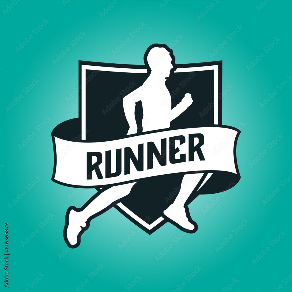 Runner shield with ribbon logo vector graphic illustration on background Runner shield with ribbon logo vector graphic illustration on background