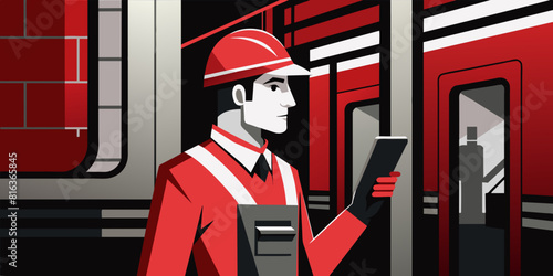 happy MAN call phone In work clothes, wearing a helmet, locksmith with telephone, grey subway train background