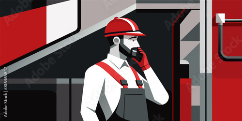 happy MAN call phone In work clothes, wearing a helmet, locksmith with telephone, grey subway train background