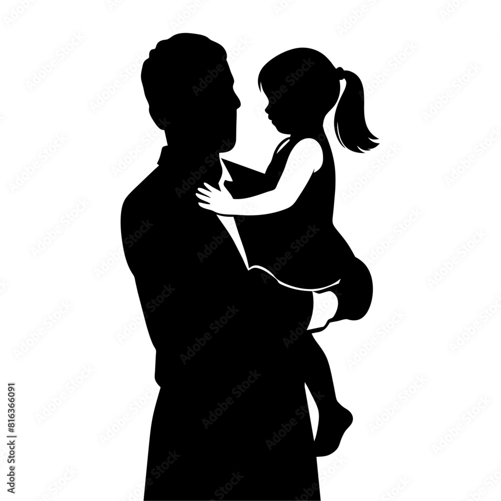 Father holding his daughter in his arms and hugging her to his chest, vector silhouette, black color illustration Father holding his daughter in his arms and hugging her to his chest, vector silhouette, black color illustration