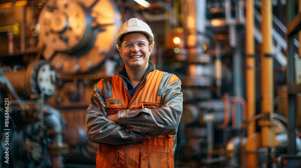 portrait of a smiling worker standing in a industrial factory, worker wearing safety helmet looking at camera portrait of a smiling worker standing in a industrial factory, worker wearing safety helmet looking at camera