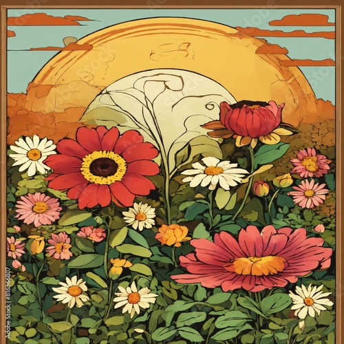 This is an image of a vibrant and colorful illustration featuring a variety of flowers in the foreground  with a large  bright sun in the background. The sun is depicted with a face  generator Ai