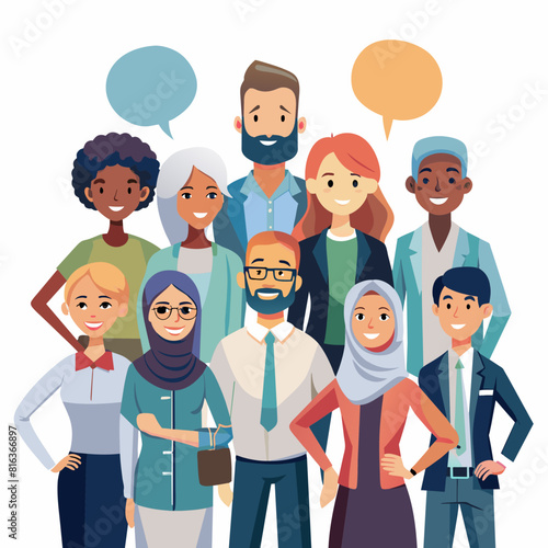 A vector illustration of a diverse business team standing together in unity, symbolizing teamwork and success