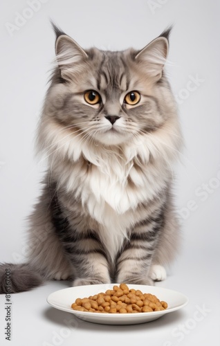 British longhair View of adorable cat eating its food isolated on white