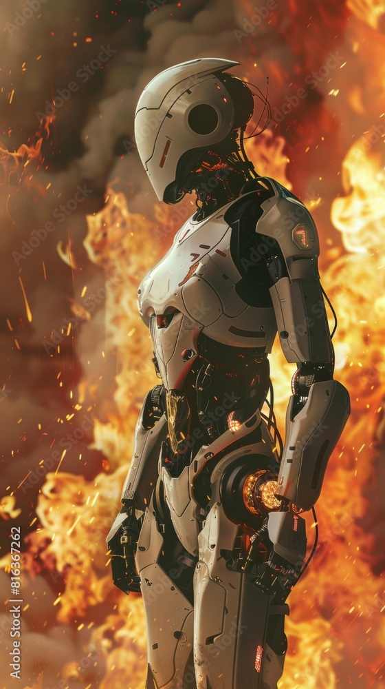 Fototapeta premium Sleek, humanoid robot stands before a fiery background, invoking a sense of sci-fi drama
