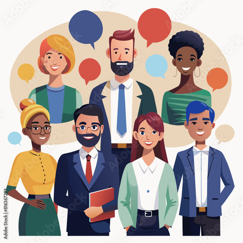 A vector illustration of a diverse business team standing together in unity, symbolizing teamwork and success