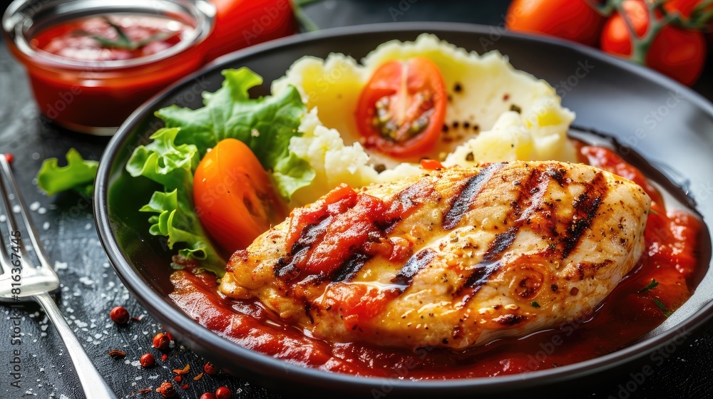 Chicken breast in red sauce with mashed potatoes lettuce tomato slices Area for text Chicken breast in red sauce with mashed potatoes lettuce tomato slices Area for text