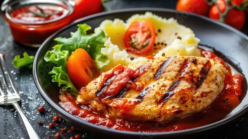 Chicken breast in red sauce with mashed potatoes lettuce tomato slices Area for text