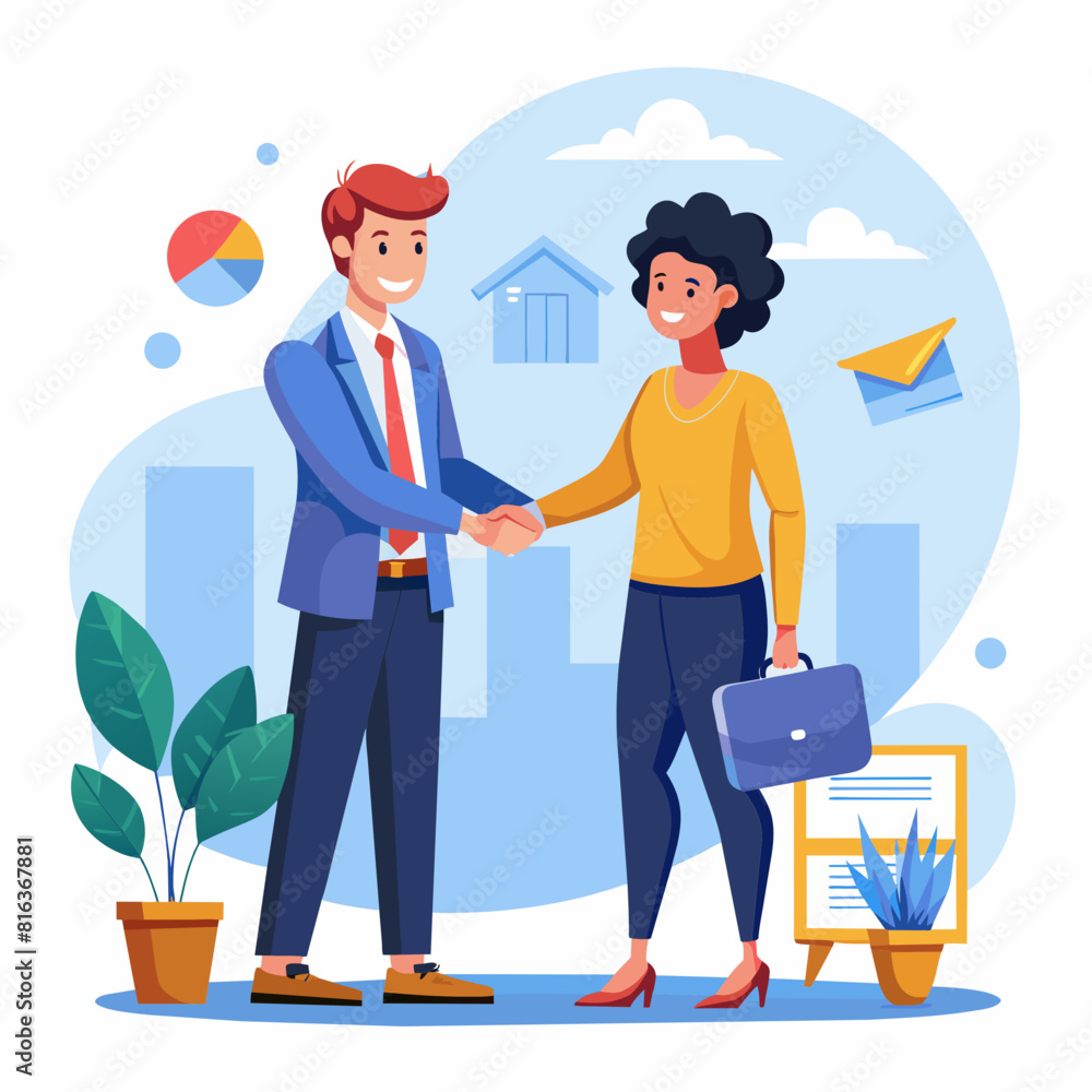 Cartoon illustration of a business deal handshake between a businesswoman and a businessman in an office Cartoon illustration of a business deal handshake between a businesswoman and a businessman in an office