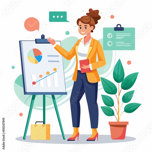 Businesswoman Pitching an Idea: Using a whiteboard with sketches and diagrams to present a new business concept.