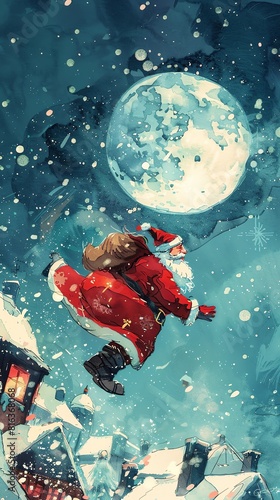 Watercolor illustration of Santa Claus with a sack of gifts, flying over a moonlit town on Christmas Eve