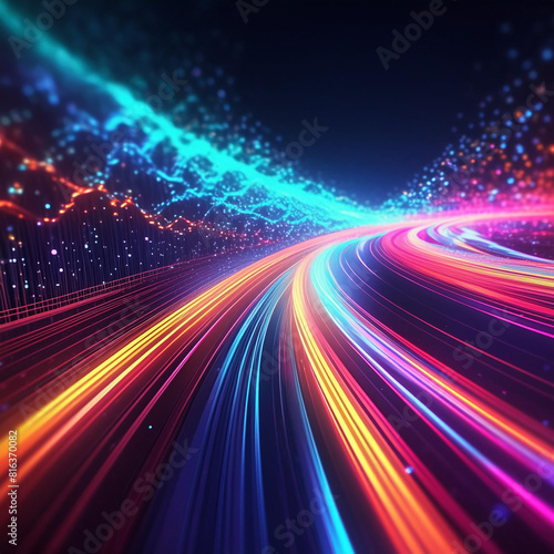 Abstract tech background of high speed optic fiber data transfer  ultra fast broadband  digital network connection  electronic motion  cyber turn