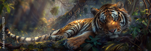 a majestic tiger basking in the sunlight amidst dense forest foliage, generative AI