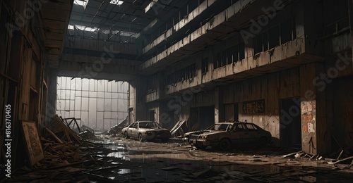 abandoned cyberpunk palace ballroom room interior. dystopian sci-fi castle empty room