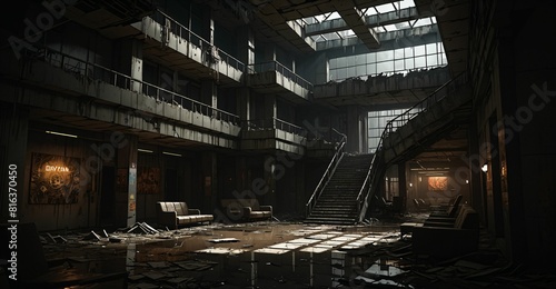 abandoned cyberpunk palace ballroom room interior. Dystopian sci-fi castle empty room.