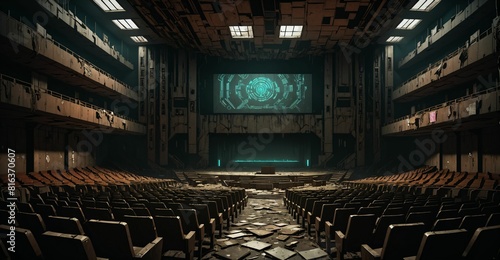 abandoned cyberpunk sci-fi dystopian empty theater auditorium. futuristic amphitheater stadium interior with stage.