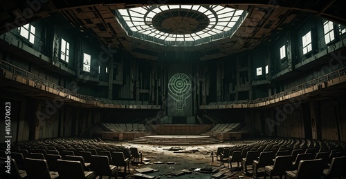 abandoned cyberpunk sci-fi dystopian empty theater auditorium. futuristic amphitheater stadium interior with stage.
