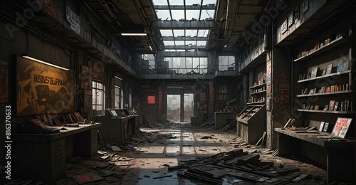 abandoned cyberpunk sci-fi dystopian library shop. lo-fi futuristic comic store market.