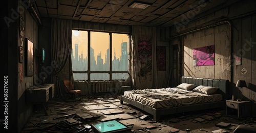 cyberpunk sci-fi dystopian abandoned bedroom in house interior. lo-fi futuristic ambience style and empty.