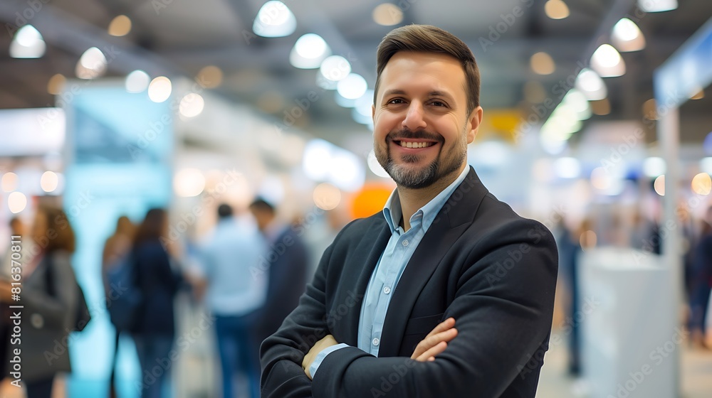 Smiling CEO at Business Fair in Blurred Exhibition, Smiling CEO, business fair, blurred exhibition Smiling CEO at Business Fair in Blurred Exhibition, Smiling CEO, business fair, blurred exhibition