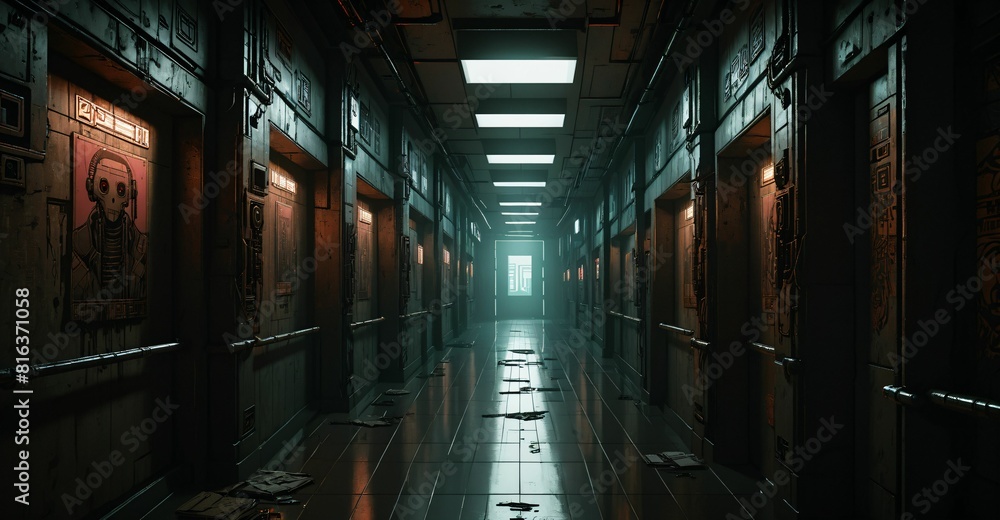 Cyberpunk hallway in dystopian lo-fi futuristic sci-fi building ...