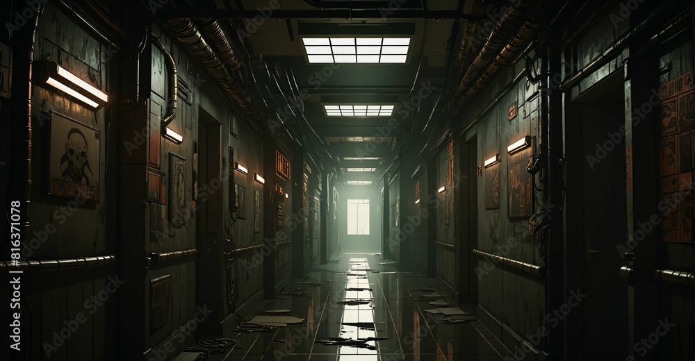Obraz premium Cyberpunk hallway in dystopian lo-fi futuristic sci-fi building interior.