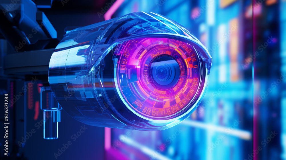 A camera lens with a purple and red glow A camera lens with a purple and red glow
