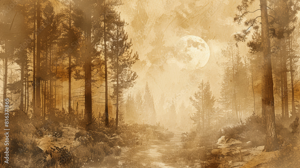Fototapeta premium Mystical full moon in the foggy forest.